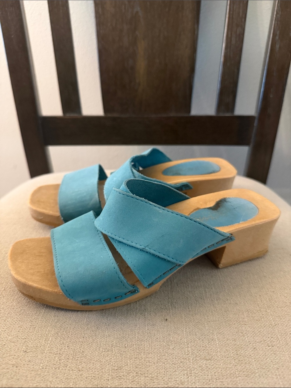 Romano Women’s Y2K Leather Wood Slide Heels Sandals Teal Blue Italy Size 6